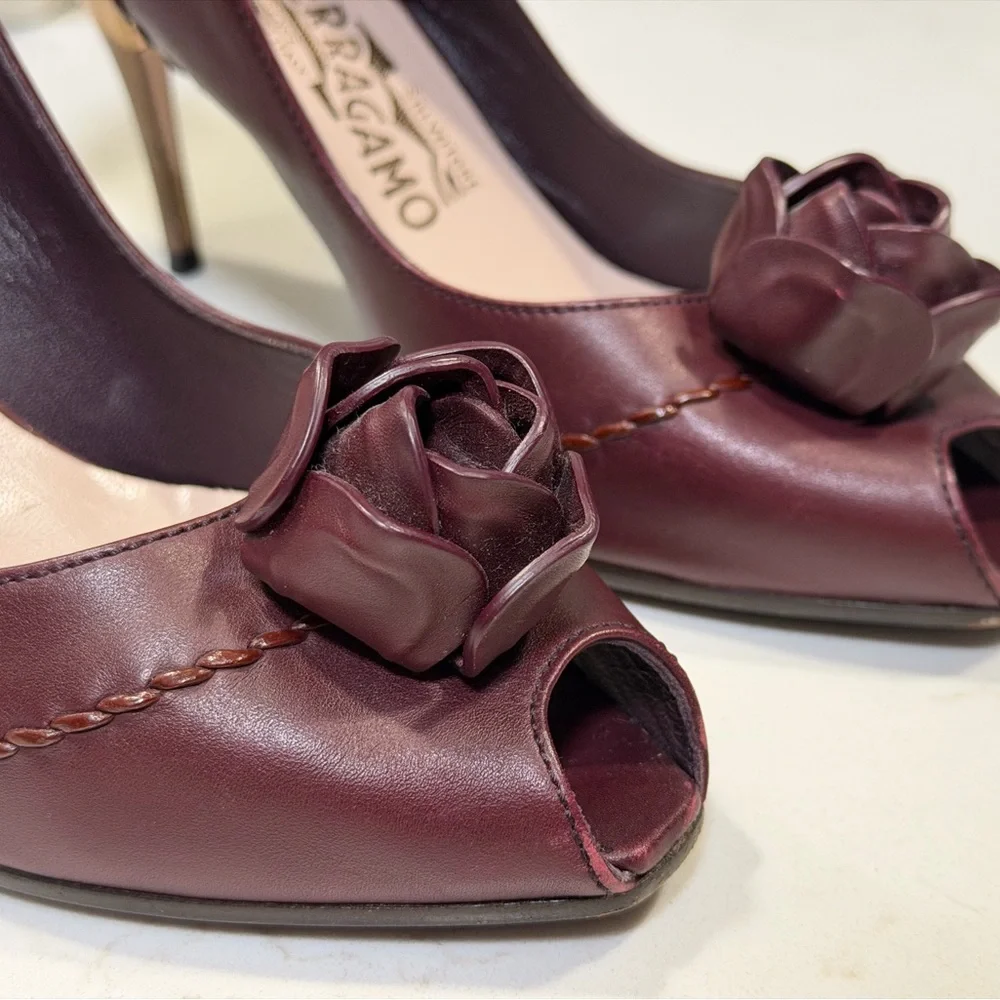 Salvatore Ferragamo Dark Red Peep-Toe Heels - Picture 4 of 10